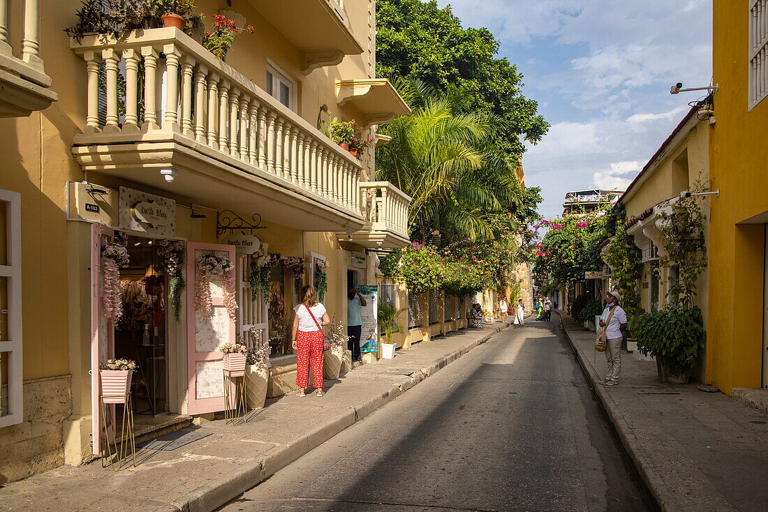 Bunte Häuser in der Altstadt von Cartagena, Cartagena, Bolívar, Kolumbien, Südamerika