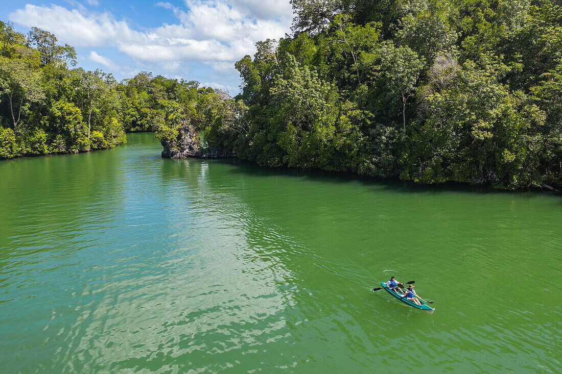 Aerial view of a sea kayak in Ensenada Verde Bay with rainforest, near Santo Tomás de Castilla, Izabal, Guatemala, Central America