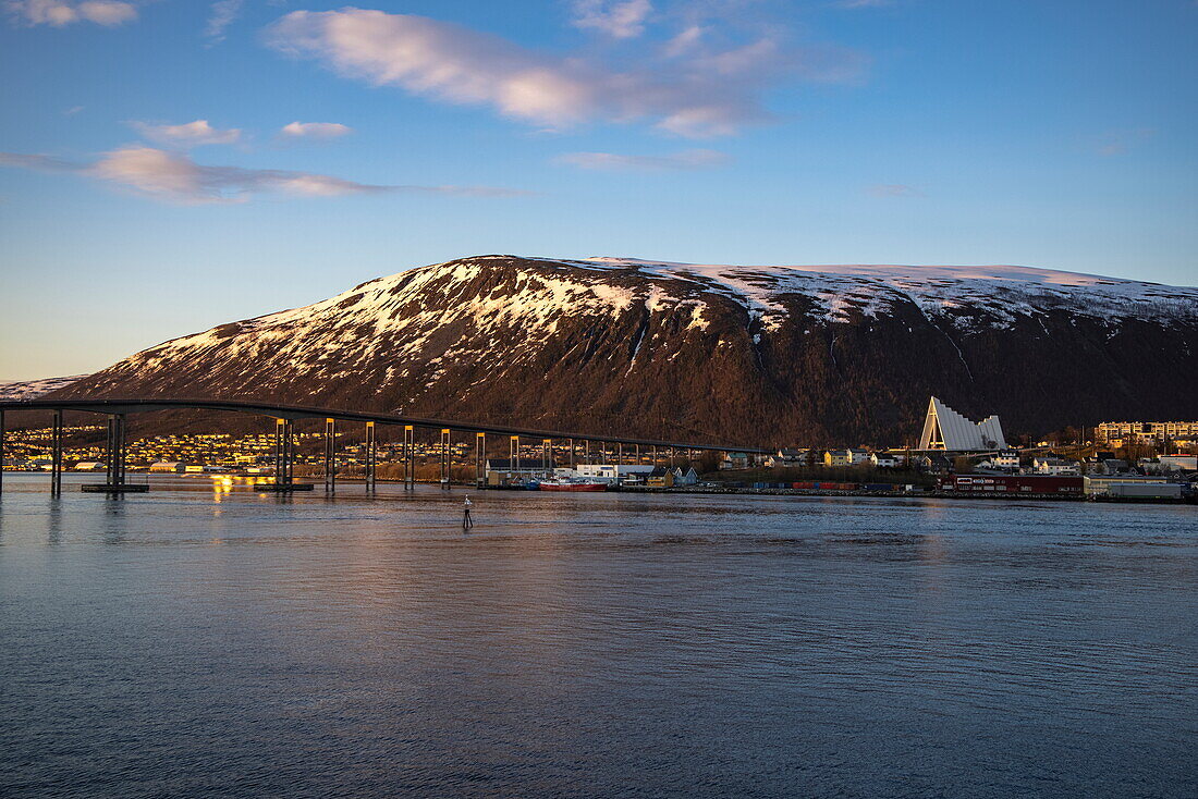 Arctic Cathedral and mountains in the midnight sun, Tromso, Troms og Finnmark, Norway, Europe