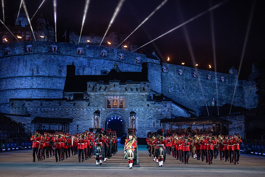 The Massed UK Military Bands perform at the Royal Edinburgh Military Tattoo 2022 at Edinburgh Castle Esplanade, Edinburgh, Scotland, United Kingdom, Europe