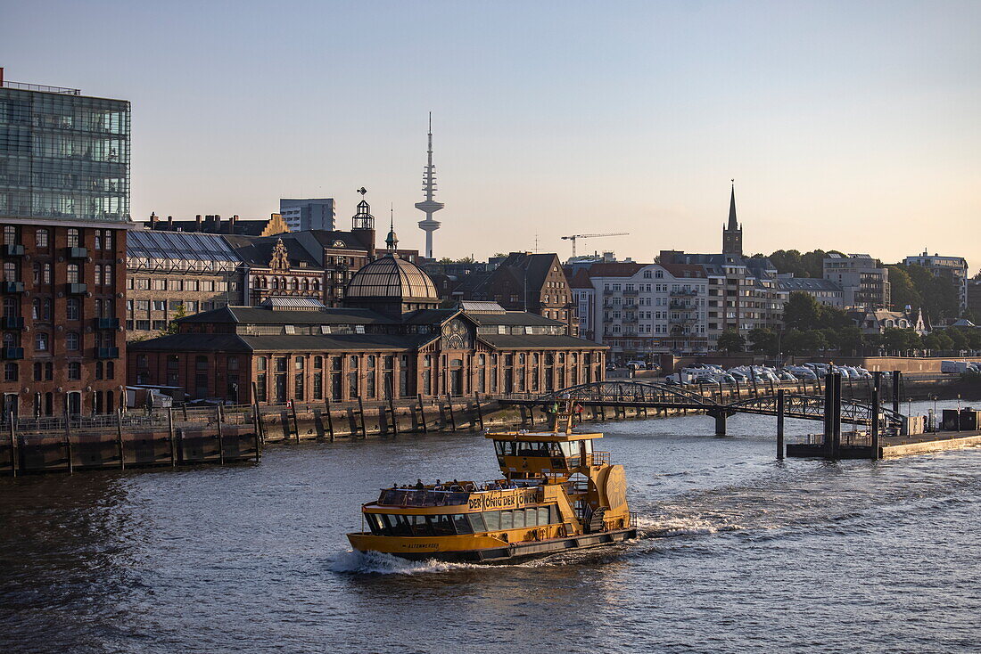 Local ferry on the Elbe with Fischmarkt and city behind, Hamburg, Hamburg, Germany, Europe