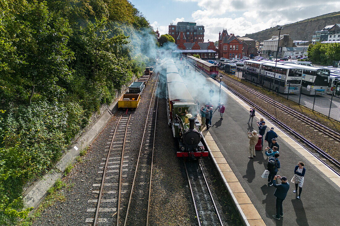 Aerial view of a train of the Isle of Man Railway Company railway, Douglas, Isle of Man, British Crown Dependency, Europe