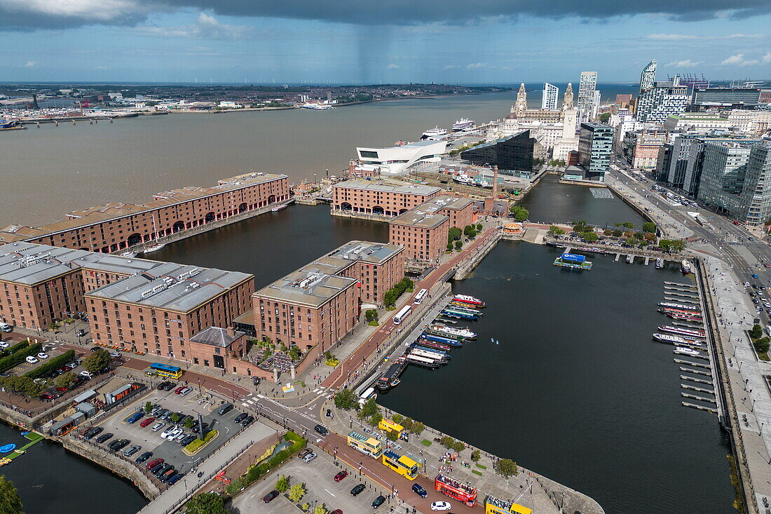 Aerial view of the Royal Albert Dock area with the World Voyager (nicko cruises) expedition cruise ship at Liverpool Cruise Terminal, Liverpool, England, United Kingdom, Europe