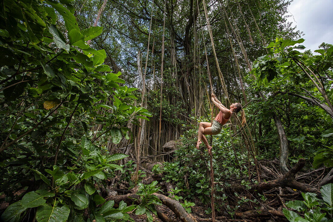 Junge Frau (Jane?) schwingt an einer Liane bzw. Luftwurzel, riesiger Banyan-Baum, Aride Island, Seychellen, Indischer Ozean