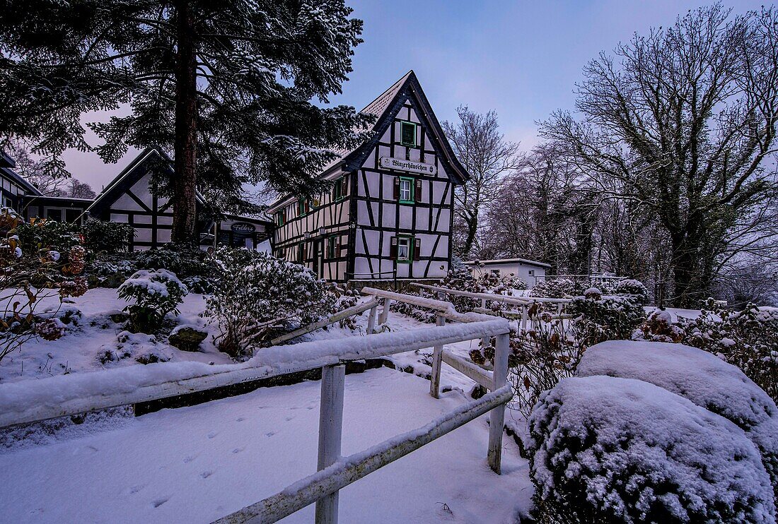 Berggaststätte Winzerhäuschen in the Siebengebirge in winter, Koenigswinter, North Rhine-Westphalia, Germany