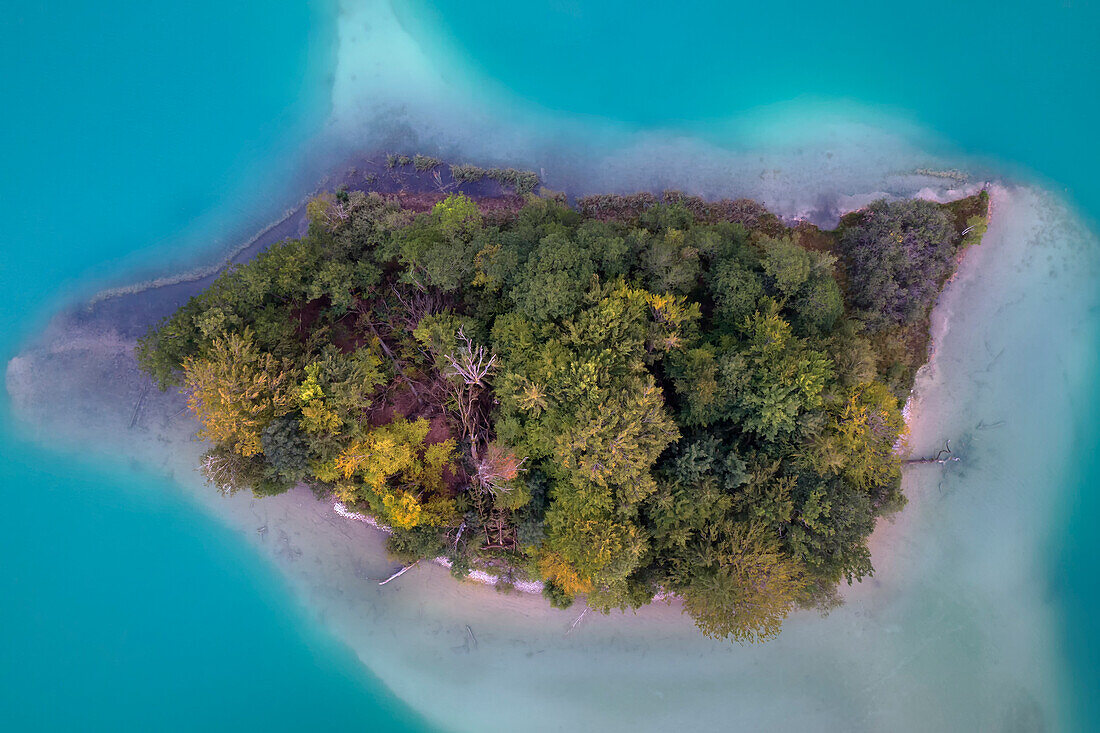 Bird's eye view of a small island in the Osterseen, Bavaria, Germany.