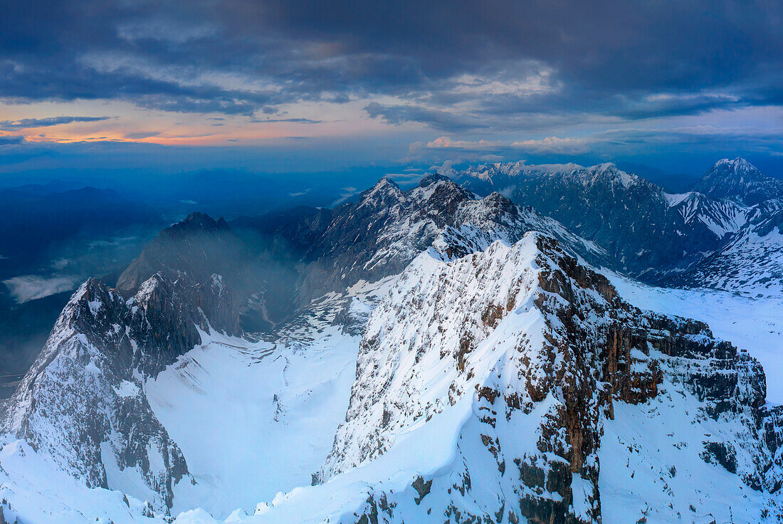 View from the summit of the Zugspitze to the Höllental, Bavaria, Germany.