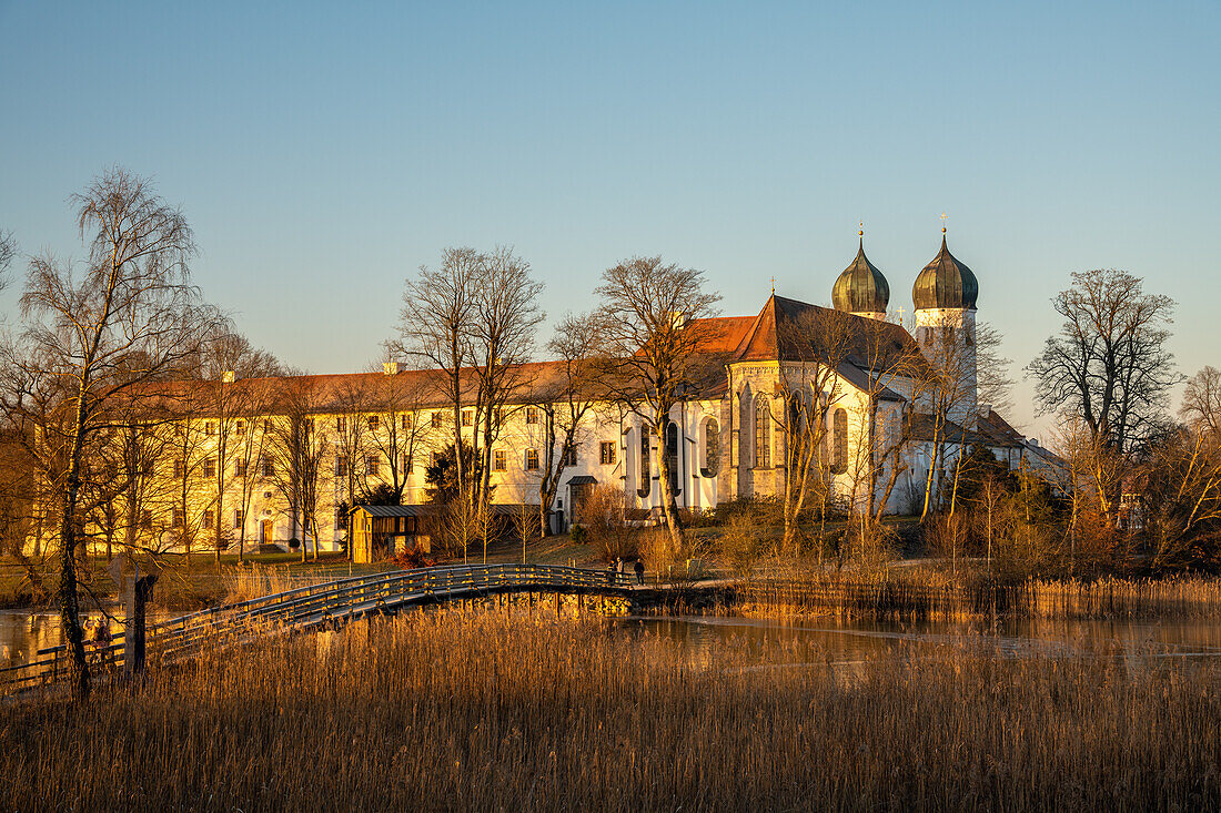 Kloster Seeon im Winter ohne Schnee, Klostersee, Chiemgau, Bayern, Deutschland
