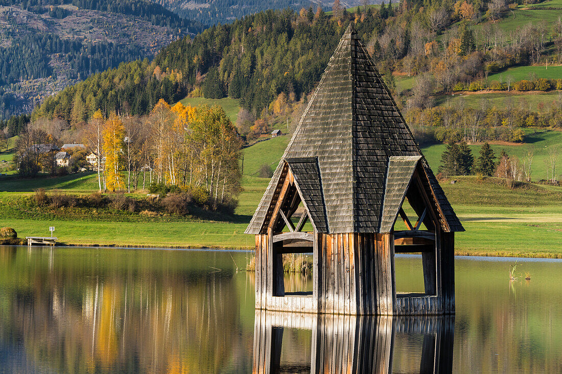 Church tower in the lake near Rottenbmann, Niedere Tauern, Styria, Austria