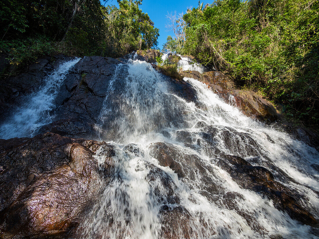 Waterfall near Lagoa Encantada, Coastal Rainforest, Mata Atlantica, Bahia, Brazil South America