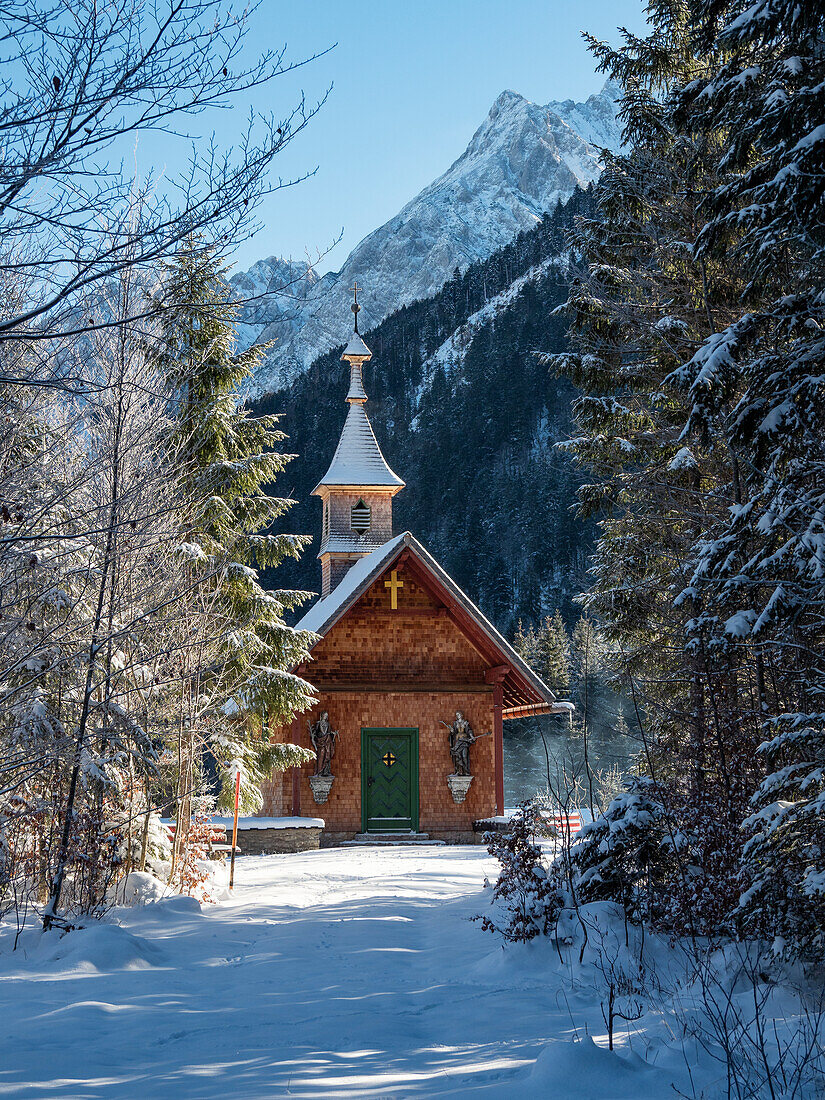 Coburg chapel in winter, Hinterriss, Karwendel, Tyrol, Austria, Europe