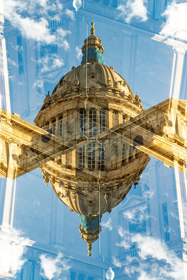 Double exposure of the building of the Museu Nacional d'art de Catalunya in Barcelona, Spain.