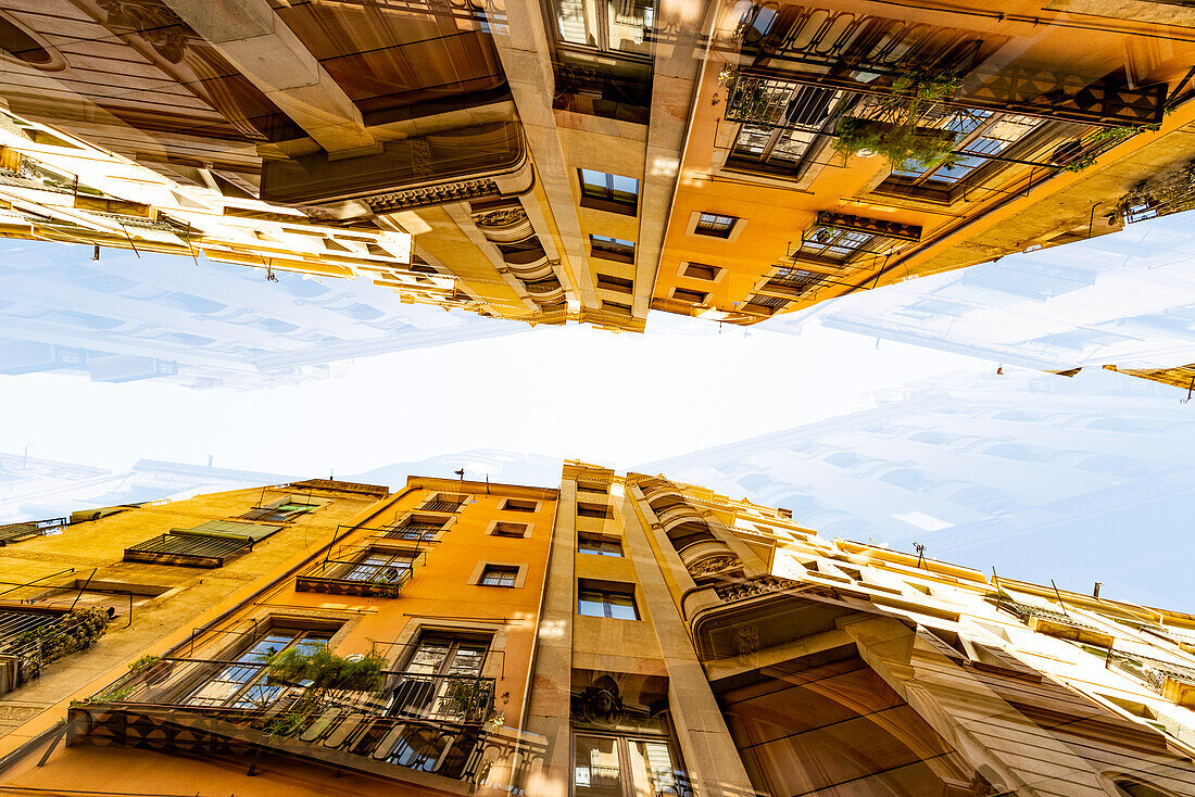 Looking up in the Carrer dels Agullers in Barcelona, Spain.