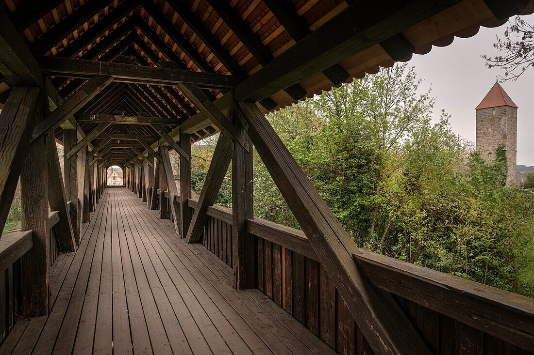 wooden &quot;Jörgensteg&quot; leads to the historic old town of Dinkelsbühl on the Wörnitz (river), Romantic Road, Ansbach district, Middle Franconia, Bavaria, Germany