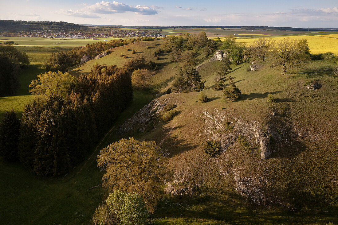 Landschaftsschutzgebiet Laushalde bei Langenau mit Blick nach Hörvelsingen, Baden-Württemberg, Deutschland, Luftbildaufnahme