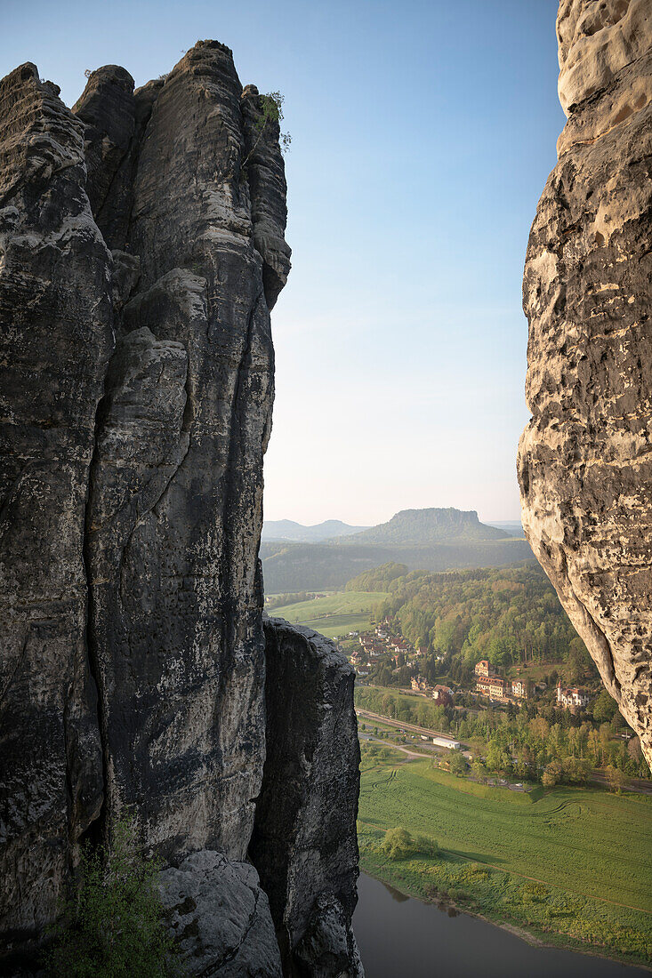 View through rocks at the Bastei Bridge towards Lilienstein, Saxon Switzerland, Elbe Sandstone Mountains, Saxony, Elbe, Germany