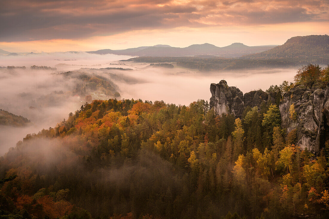 Panoramic view over the autumn sea of fog in Saxon Switzerland, Elbe Sandstone Mountains, Saxony, Elbe, Germany, Europe