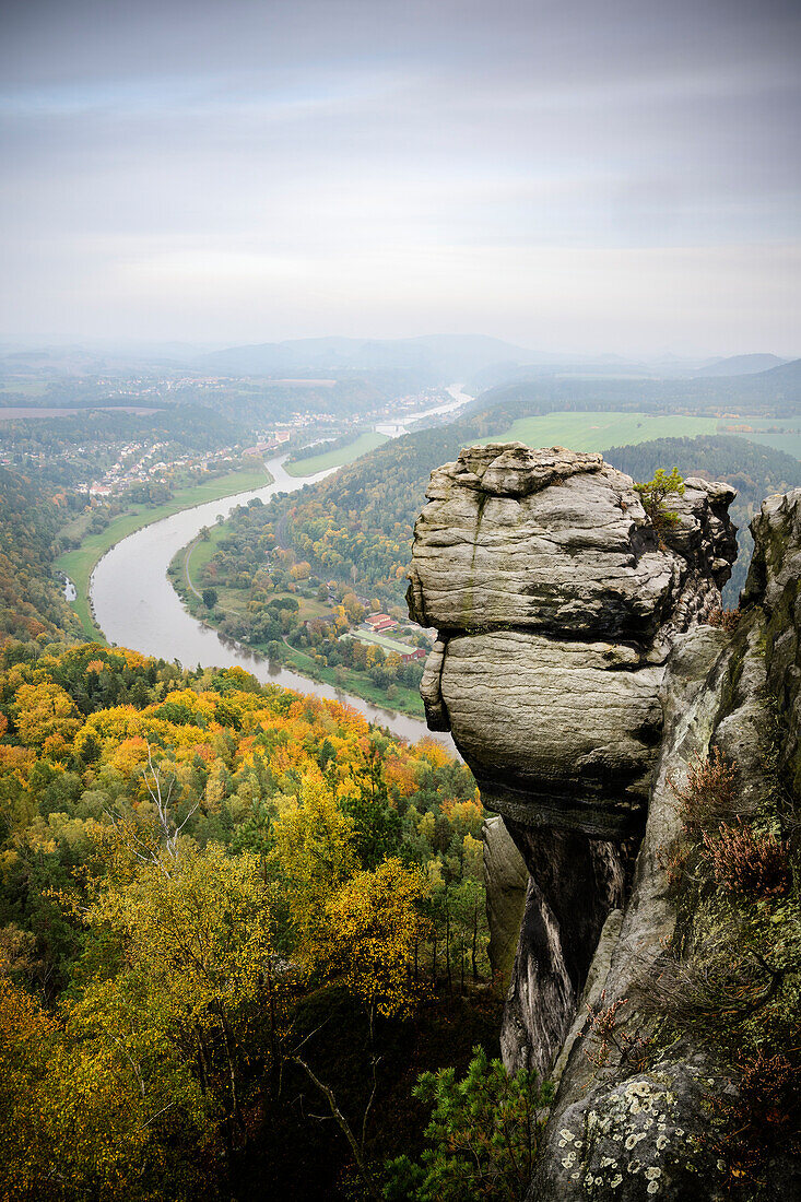 View from the table mountain Lilienstein on the Elbe, Saxon Switzerland, Elbe Sandstone Mountains, Saxony, Elbe, Germany, Europe