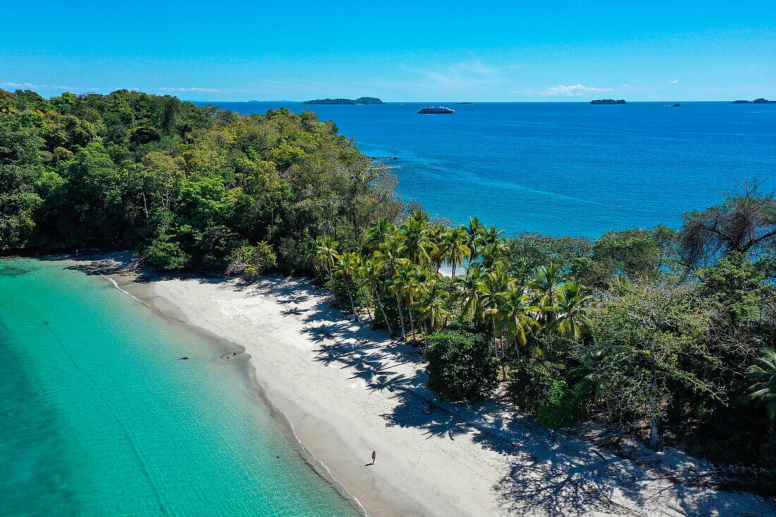 Aerial view of woman walking on pristine beach with expedition cruise ship World Voyager (nicko cruises) in distance, Isla Gómez, near Isla Parida, Paridas Islands, Gulf of Chiriqui, Panama, Central America