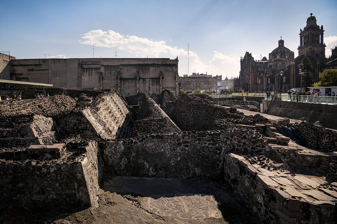 Ruins of the Museo Templo Mayor (largest temple in the Aztec capital Tenochtitlan) looking towards the Cathedral, Mexico City, Mexico, North America, Latin America
