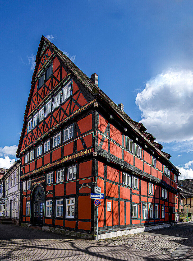 Early Renaissance half-timbered house (1541) in the old town of Höxter, Weserbergland, North Rhine-Westphalia, Germany