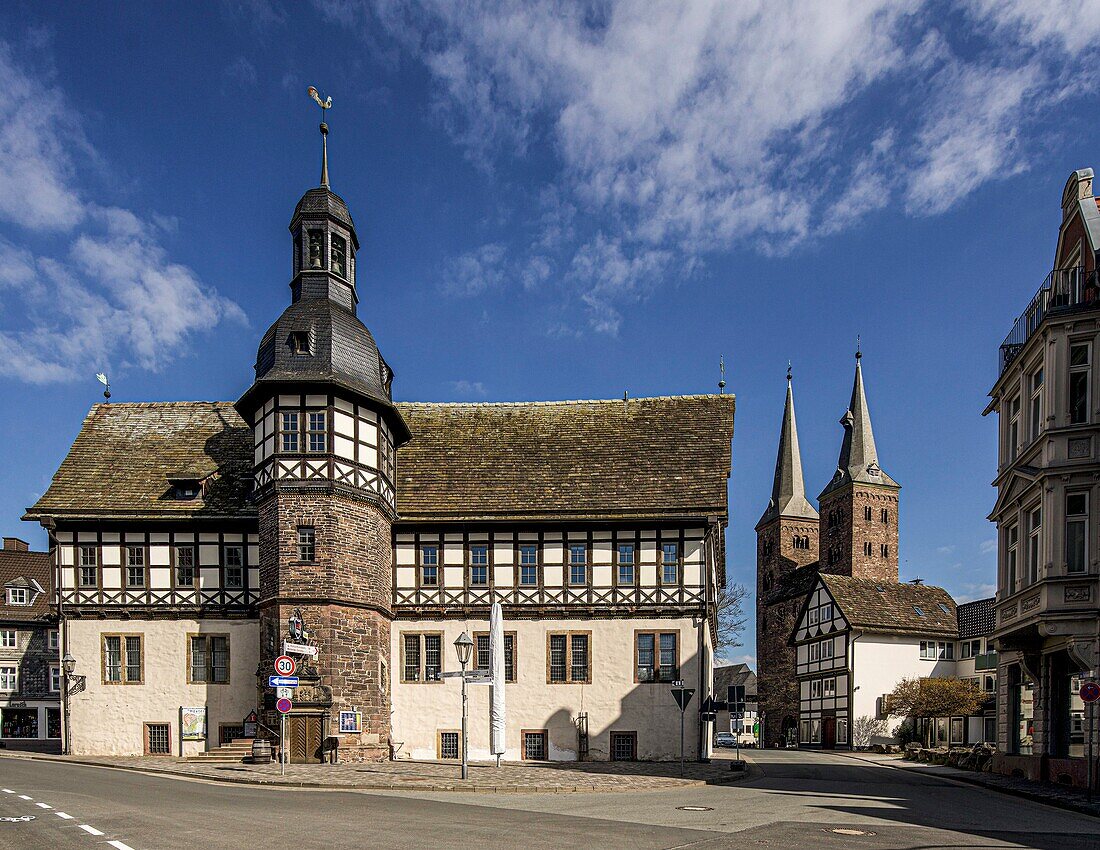 Town hall and Kilianikirche in the old town of Höxter, North Rhine-Westphalia, Germany