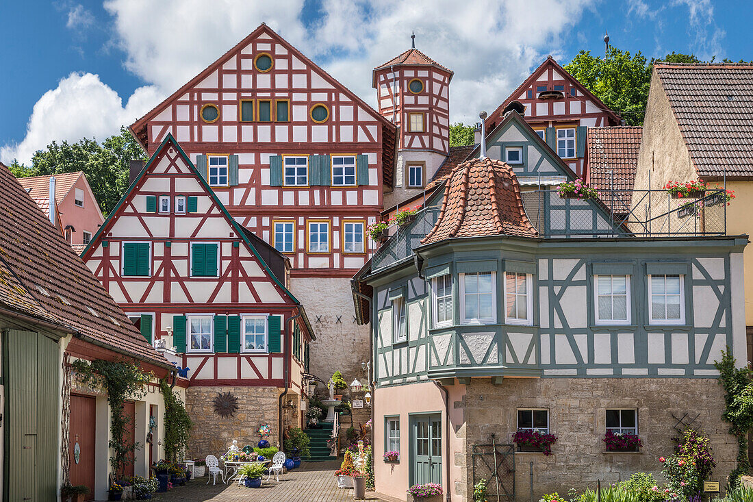 Half-timbered houses and Romschlössle in Creglingen, Romantic Road, Taubertal, Baden-Württemberg, Germany