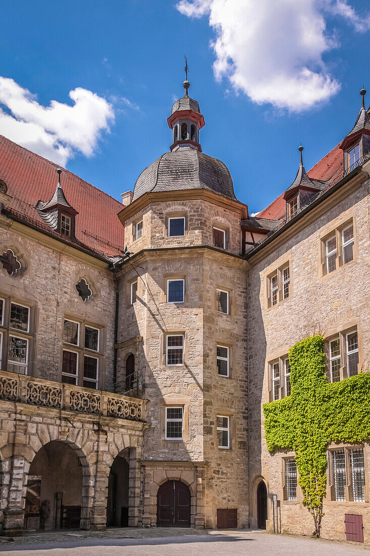 Stair tower of Weikersheim Castle, Romantic Road, Taubertal, Baden-Württemberg, Germany