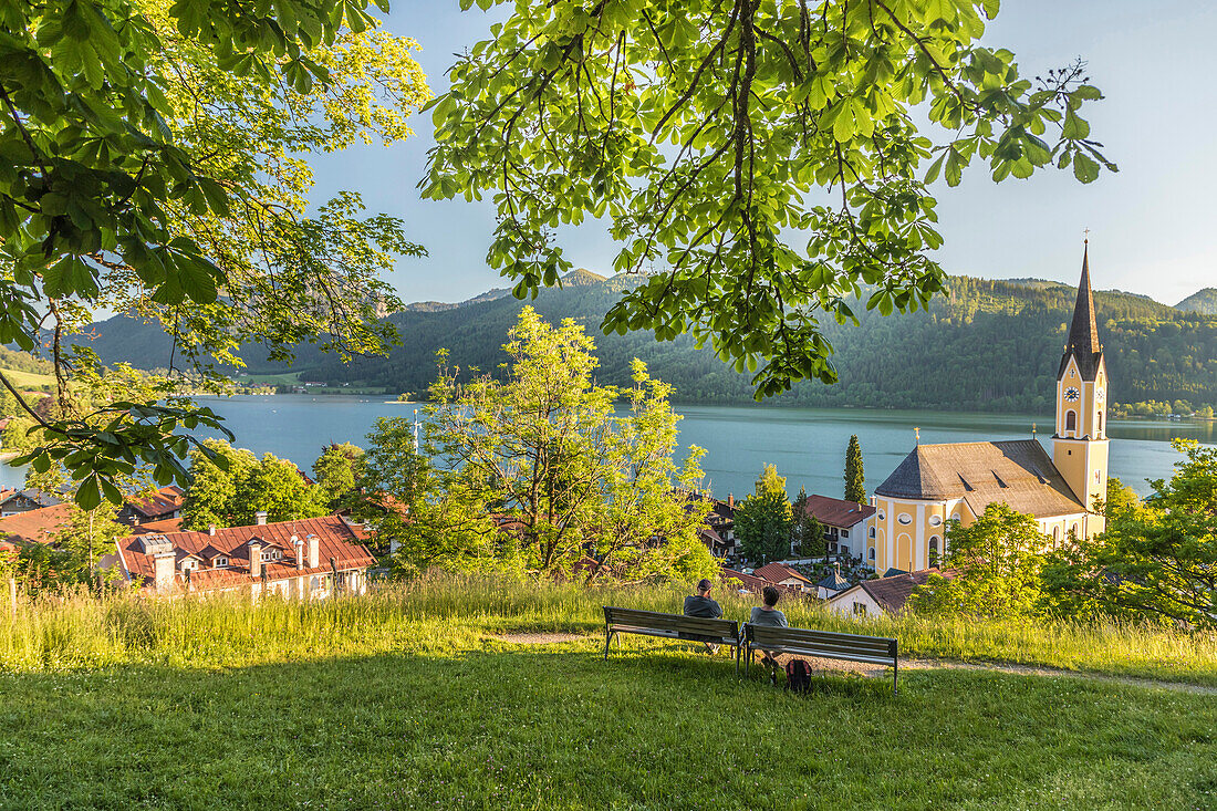 View of the Schliersee and the Church of St. Sixtus, Schliersee, Upper Bavaria, Bavaria, Germany