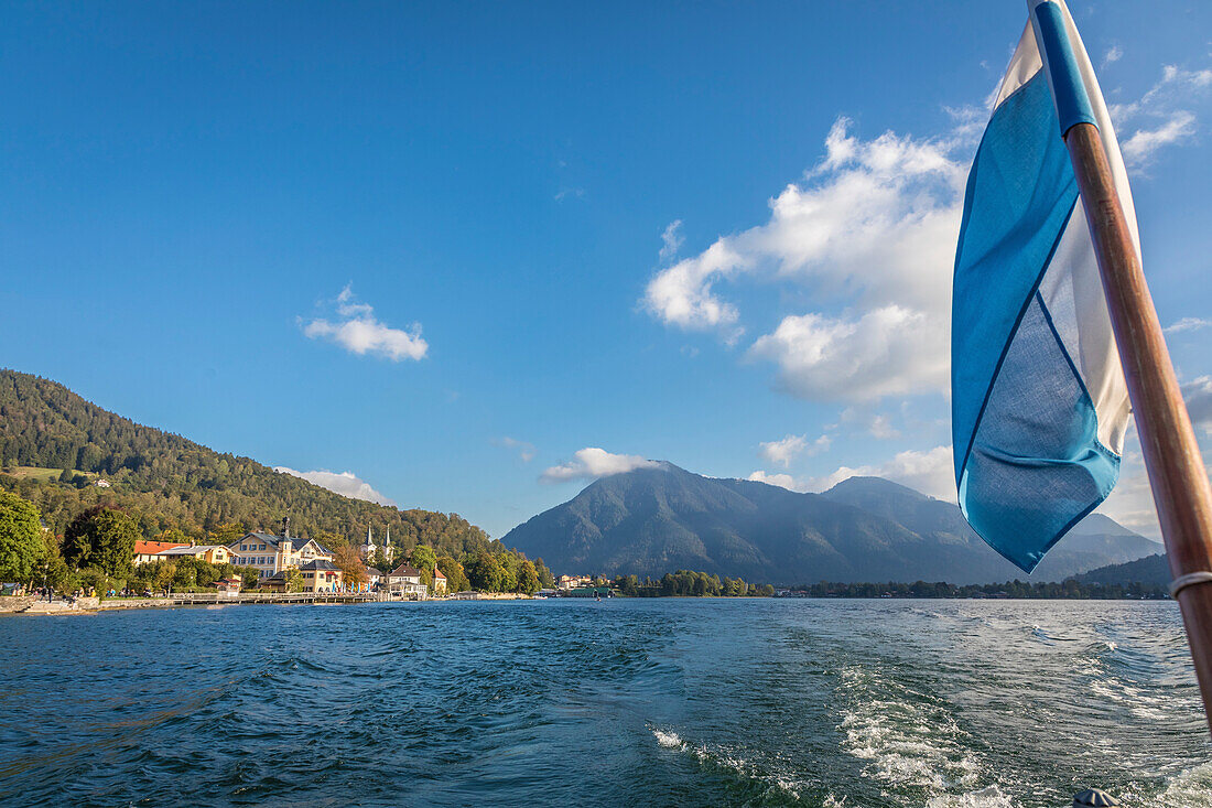 View from the boat on the promenade of Tegernsee, Upper Bavaria, Bavaria, Germany