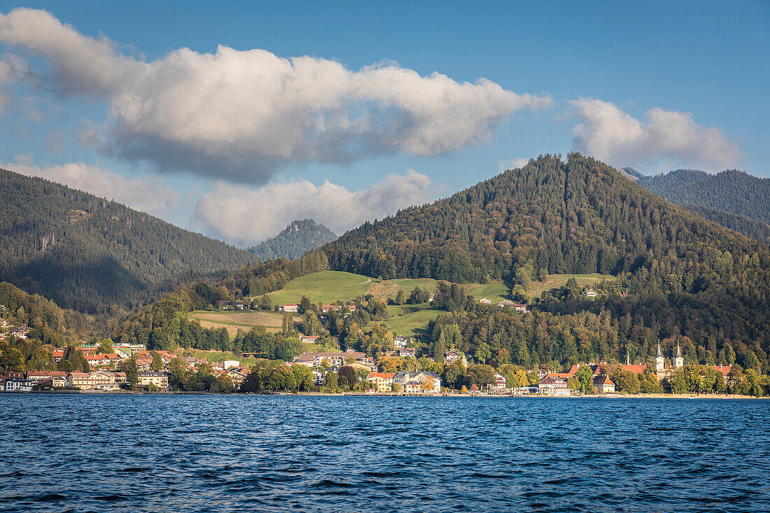 View from the water to the town of Tegernsee, Upper Bavaria, Bavaria, Germany