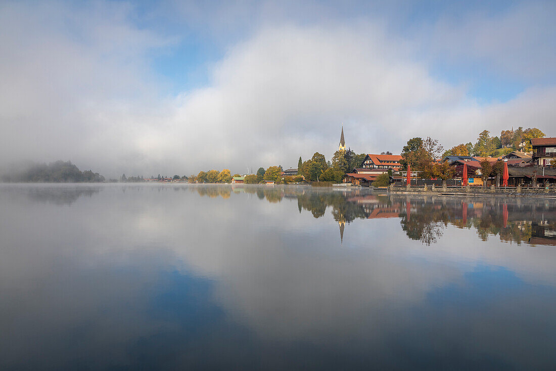 Morning fog at Schliersee, Upper Bavaria, Bavaria, Germany
