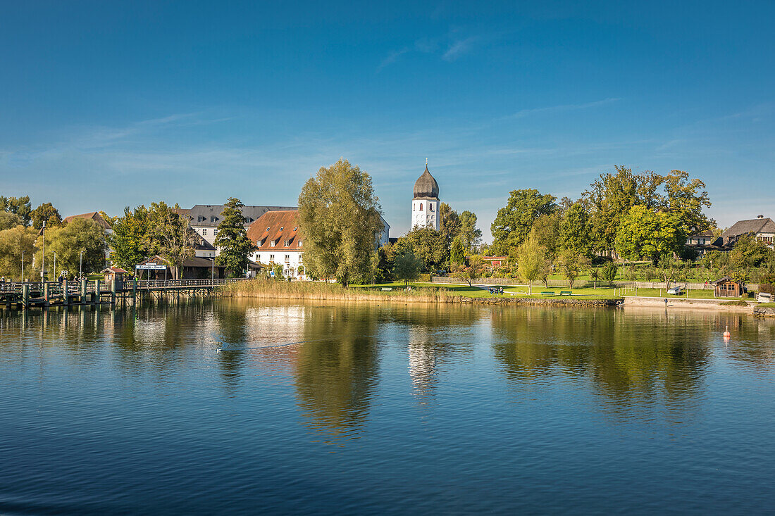 Frauenwörth Abbey on the Fraueninsel in Lake Chiemsee from the water, Upper Bavaria, Bavaria, Germany