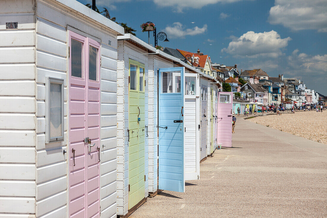 Beach huts at the seaside resort of Lyme Regis, Dorset, England
