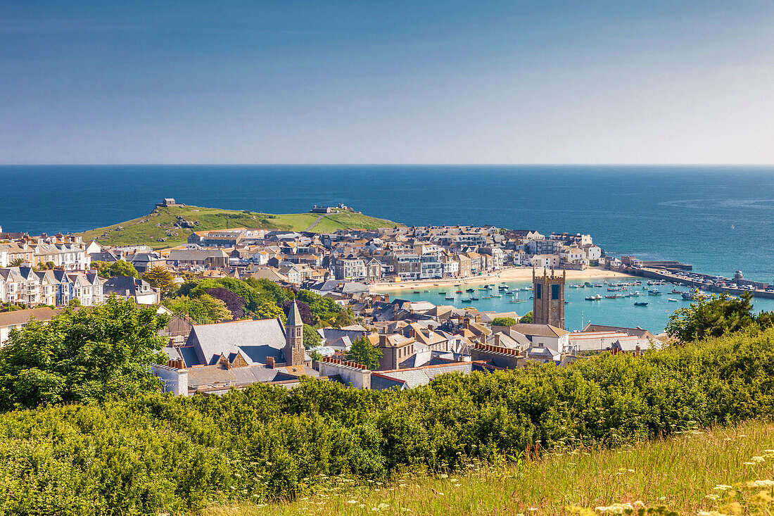 Blick auf Altstadt und Hafen von St. Ives, Cornwall, England