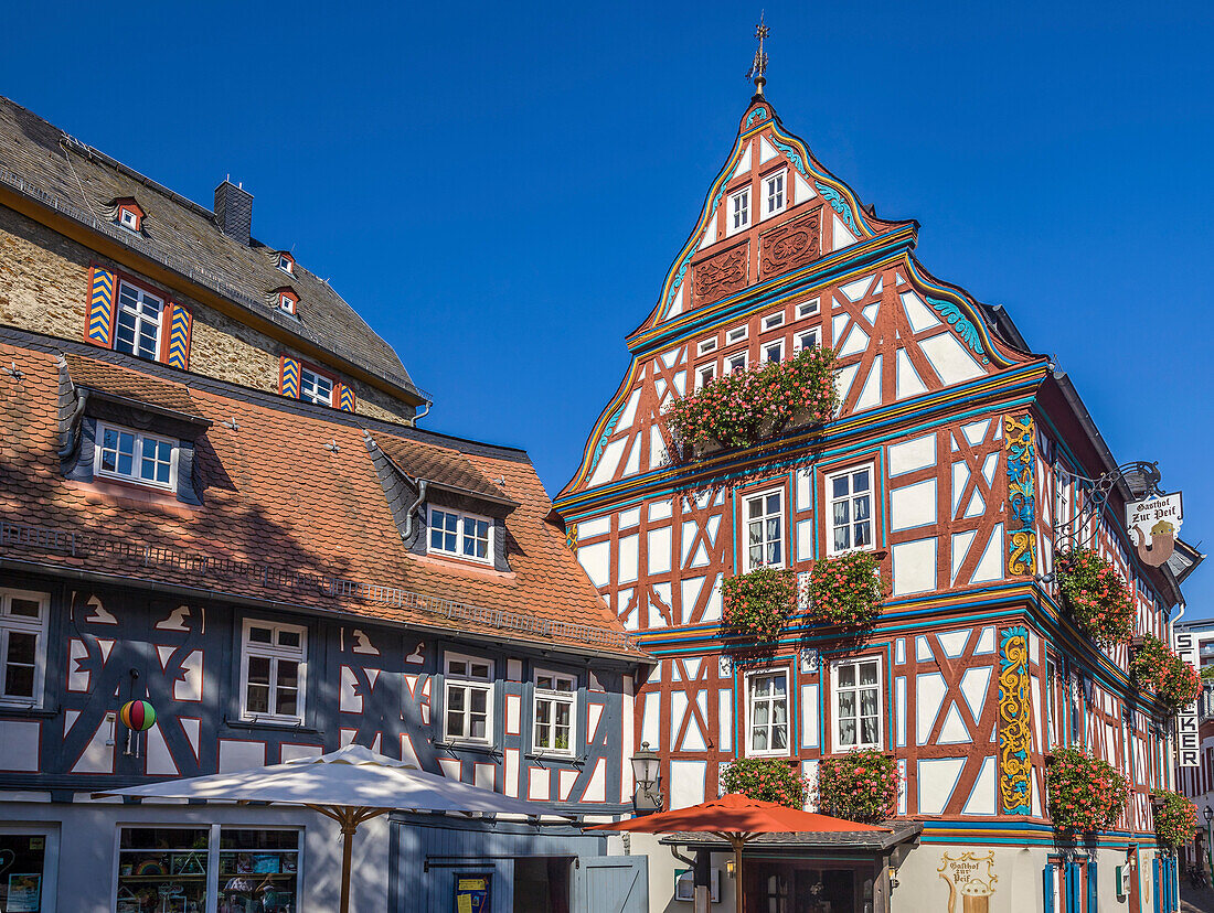 Historic half-timbered houses on the market square of Idstein, Hesse, Germany