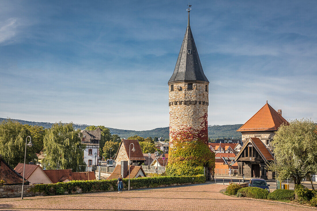 Historical tower at the Ritter-von-Marx-Bridge in Bad Homburg vor der Hoehe, Taunus, Hesse, Germany