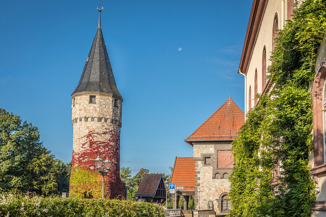 Historical tower at the Ritter-von-Marx-Bridge in Bad Homburg vor der Hoehe, Taunus, Hesse, Germany