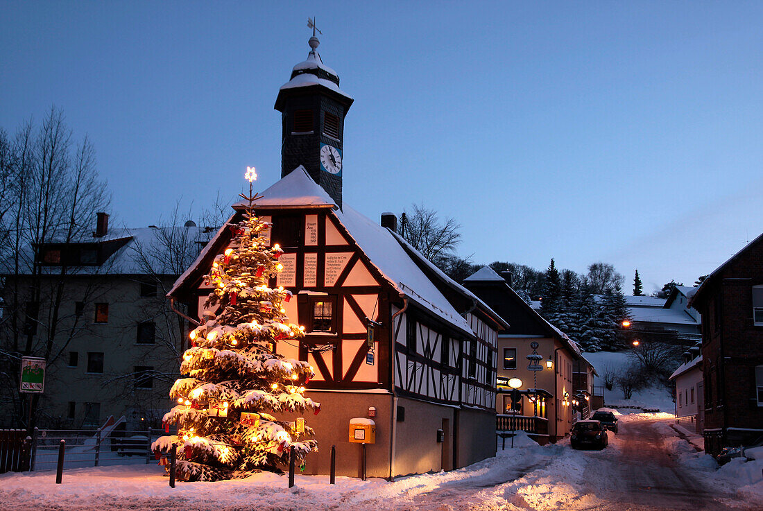 The old town hall of Engenhahn with Christmas tree, Niedernhausen, Hesse, Germany
