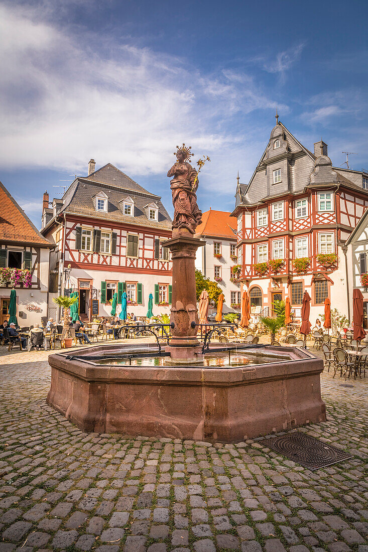 Marienbrunnen and historic half-timbered houses on the market square of Heppenheim, southern Hesse, Hesse, Germany