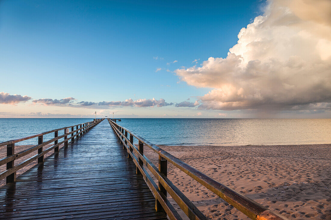 Pier with a thunderstorm in Prerow, Mecklenburg-West Pomerania, Northern Germany, Germany