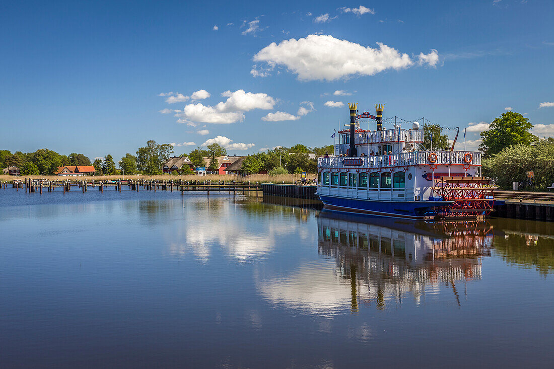 Paddle steamer in the port of Prerow, Mecklenburg-West Pomerania, Northern Germany, Germany