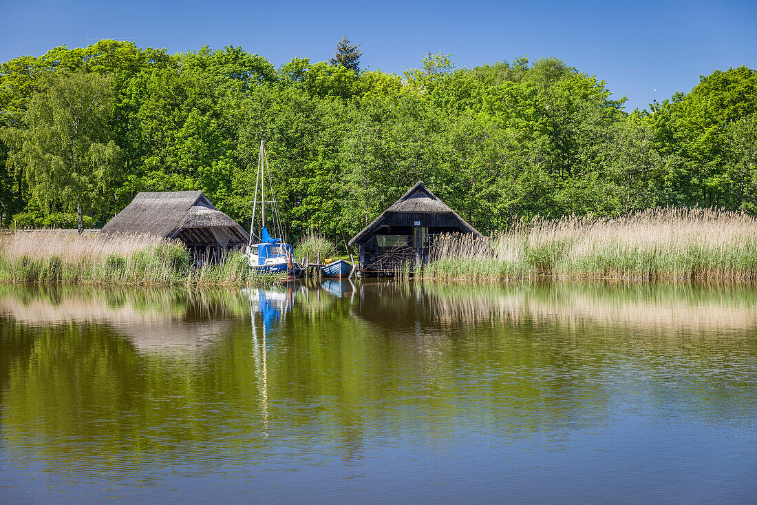 Bootshaus im Hafen von Prerow, Mecklenburg-Vorpommern, Norddeutschland, Deutschland