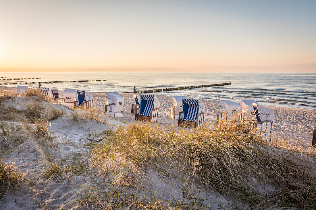 Evening mood with beach chairs on the beach of Zingst, Mecklenburg-Western Pomerania, Northern Germany, Germany