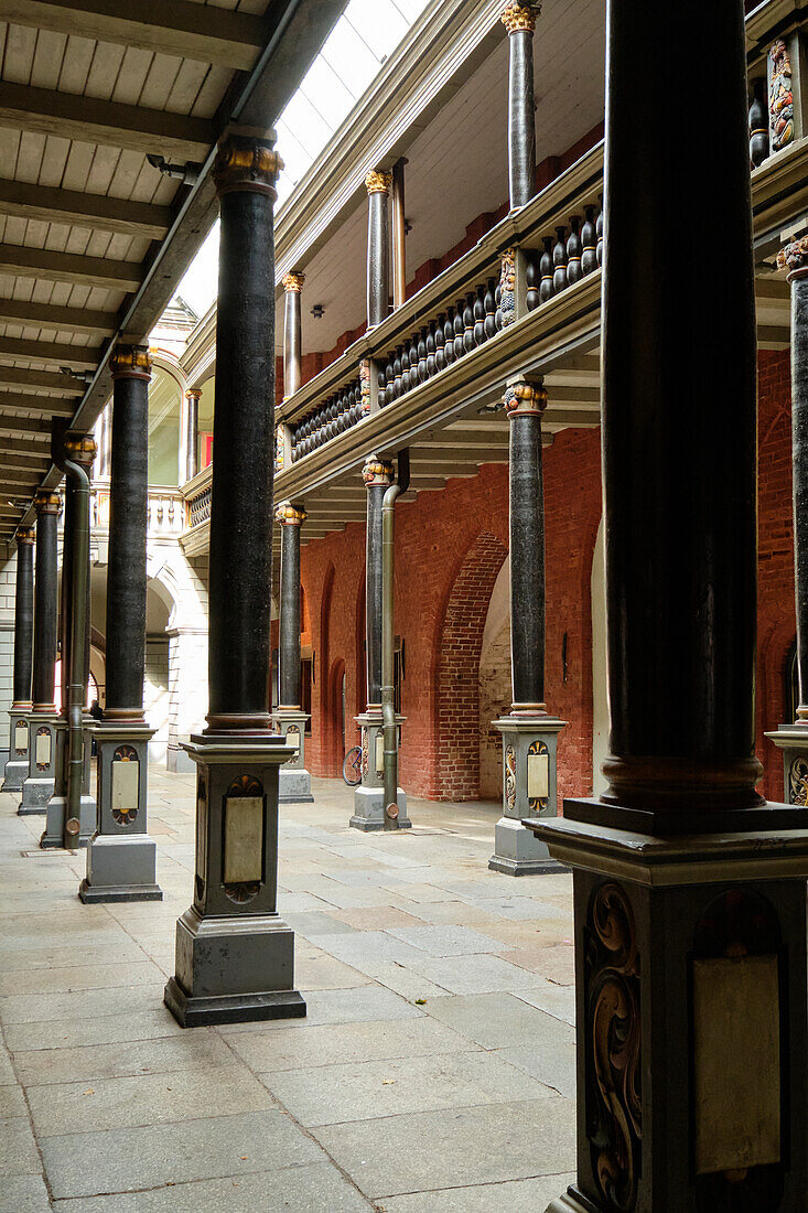 Arbors and gallery in the passage of the historic town hall on the Alter Markt in the World Heritage and Hanseatic City of Stralsund, Mecklenburg-West Pomerania, Germany