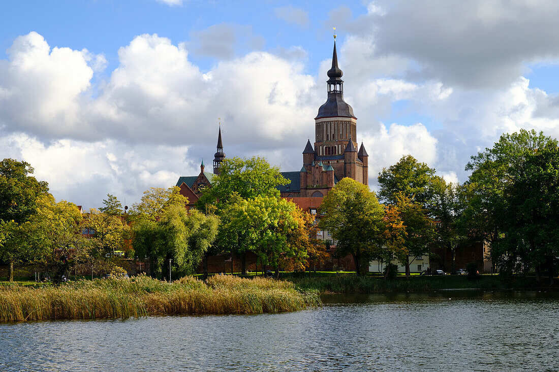 Blick auf die Sankt-Marien-Kirche vom Knieperteich in der Weltkulturerbe- und Hansestadt Stralsund, Mecklenburg-Vorpommern, Deutschland