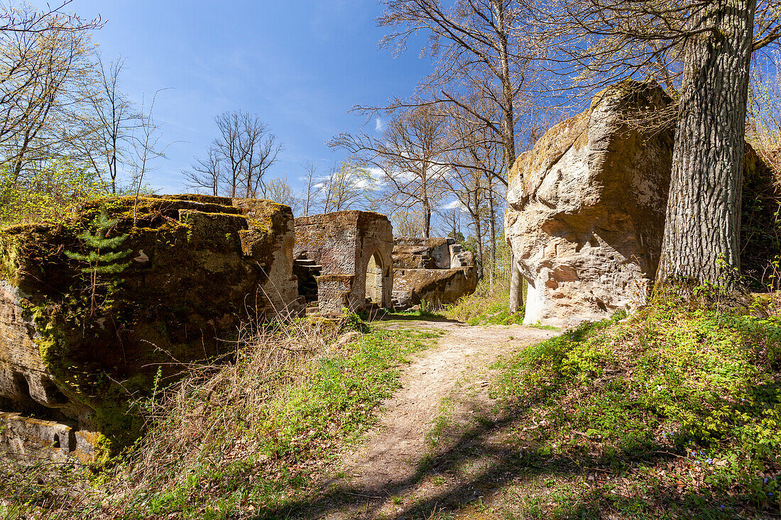 Burgruine der Felsenburg Rothenhahn im Naturpark Haßberge, oberhalb des Ortes Eyrichshof, Ebern, Landkreis Hassberge, Unterfranken, Franken, Bayern, Deutschland