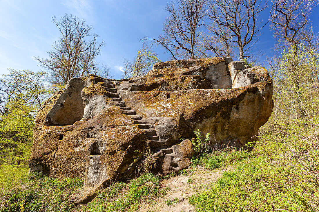 Burgruine der Felsenburg Rothenhahn im Naturpark Haßberge, oberhalb des Ortes Eyrichshof, Ebern, Landkreis Hassberge, Unterfranken, Franken, Bayern, Deutschland