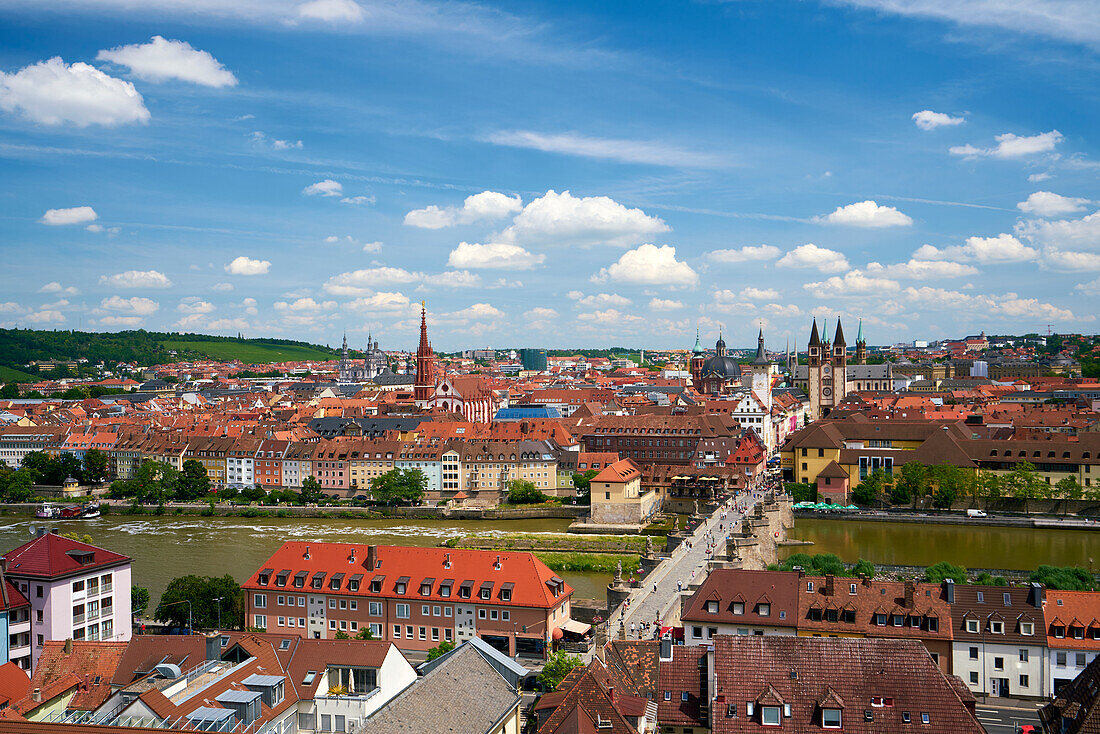 View from the Marienberg Fortress on the historic old town and the Old Main Bridge of Würzburg and the Main, Lower Franconia, Franconia, Bavaria, Germany
