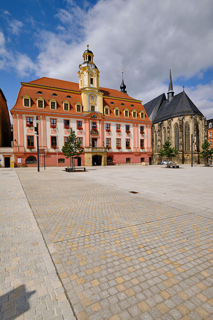 The town hall on the market square in Weißenfels on the Romanesque Road, Burgenlandkreis, Saxony-Anhalt, Germany